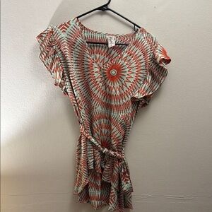 Pink and gray blue Sleeve Blouse with Tie Front